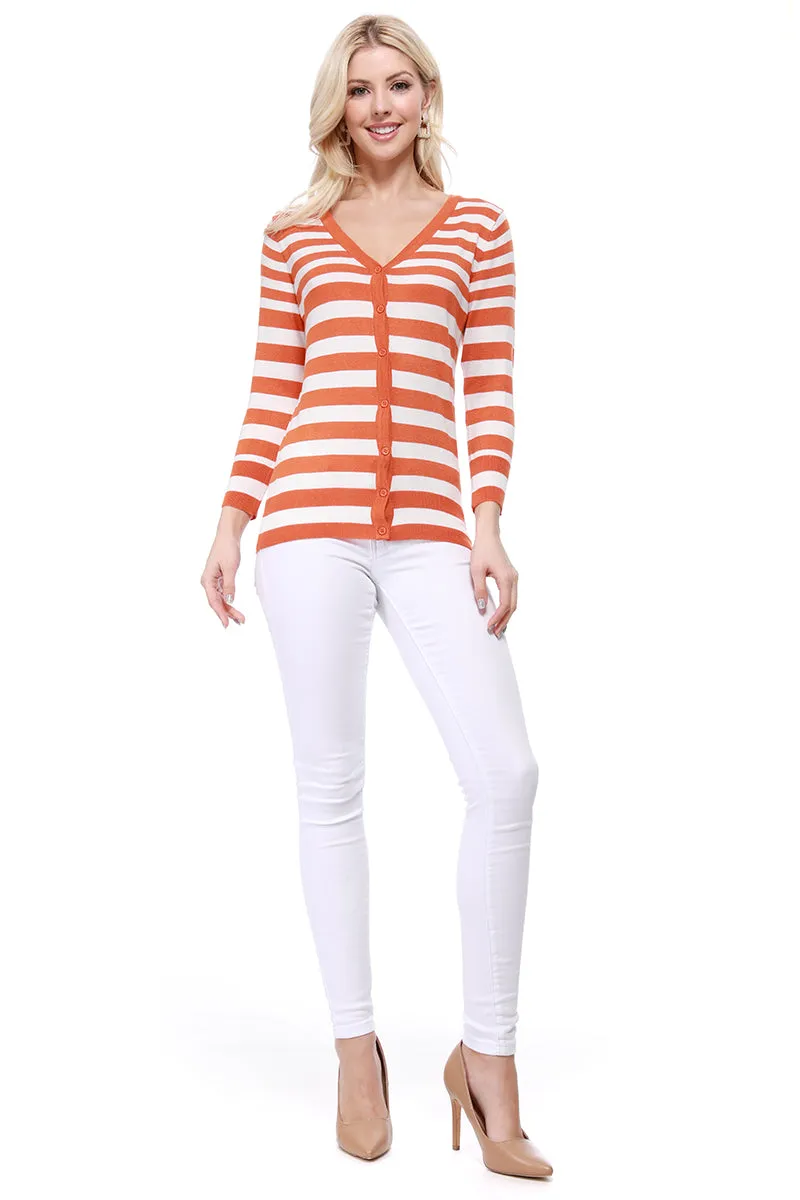 Yemak Women's 3/4 Sleeve V-Neck Stripe Sweater Cardigan MK3078